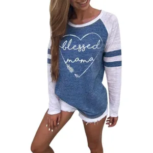 Blessed Mama  Women's Long Sleeve Vintage Patchwork T-Shirt