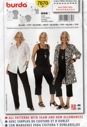 Burda 7670 EASY Womens Shirts & Tank Top Out Of Print Sewing Pattern Sizes 18 - 34 UNCUT Factory Folded